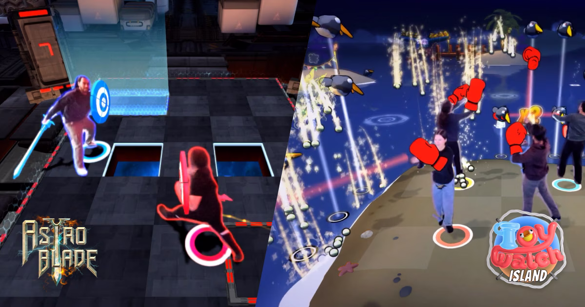 Collage image of stills from ValoArena AstroBlade and Toywatch Island gameplay.