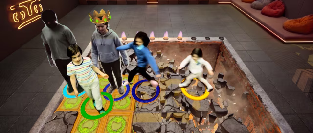 In-game capture of 5 kids and adults playing Groundfall.