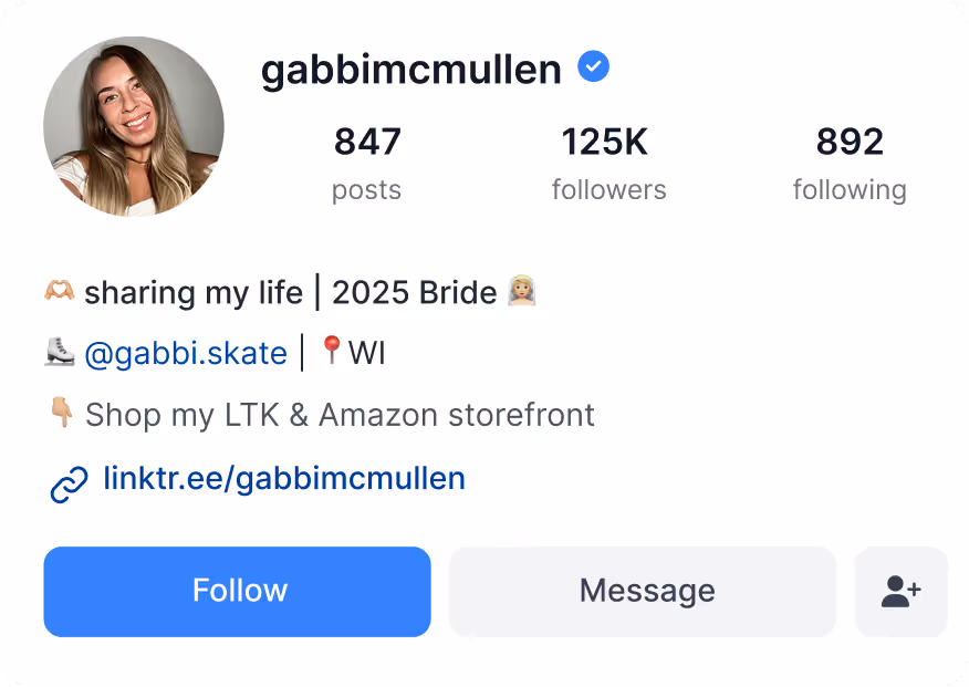 Instagram creator profile UI with verified badge
