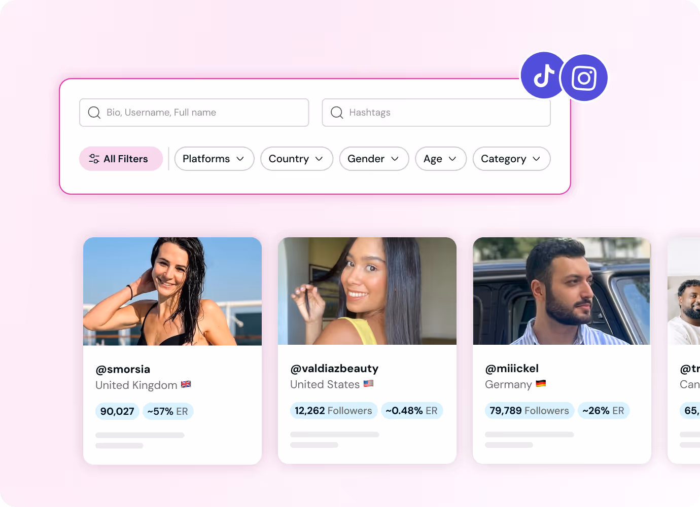 Outreach platform screen with search filters and creator profile cards