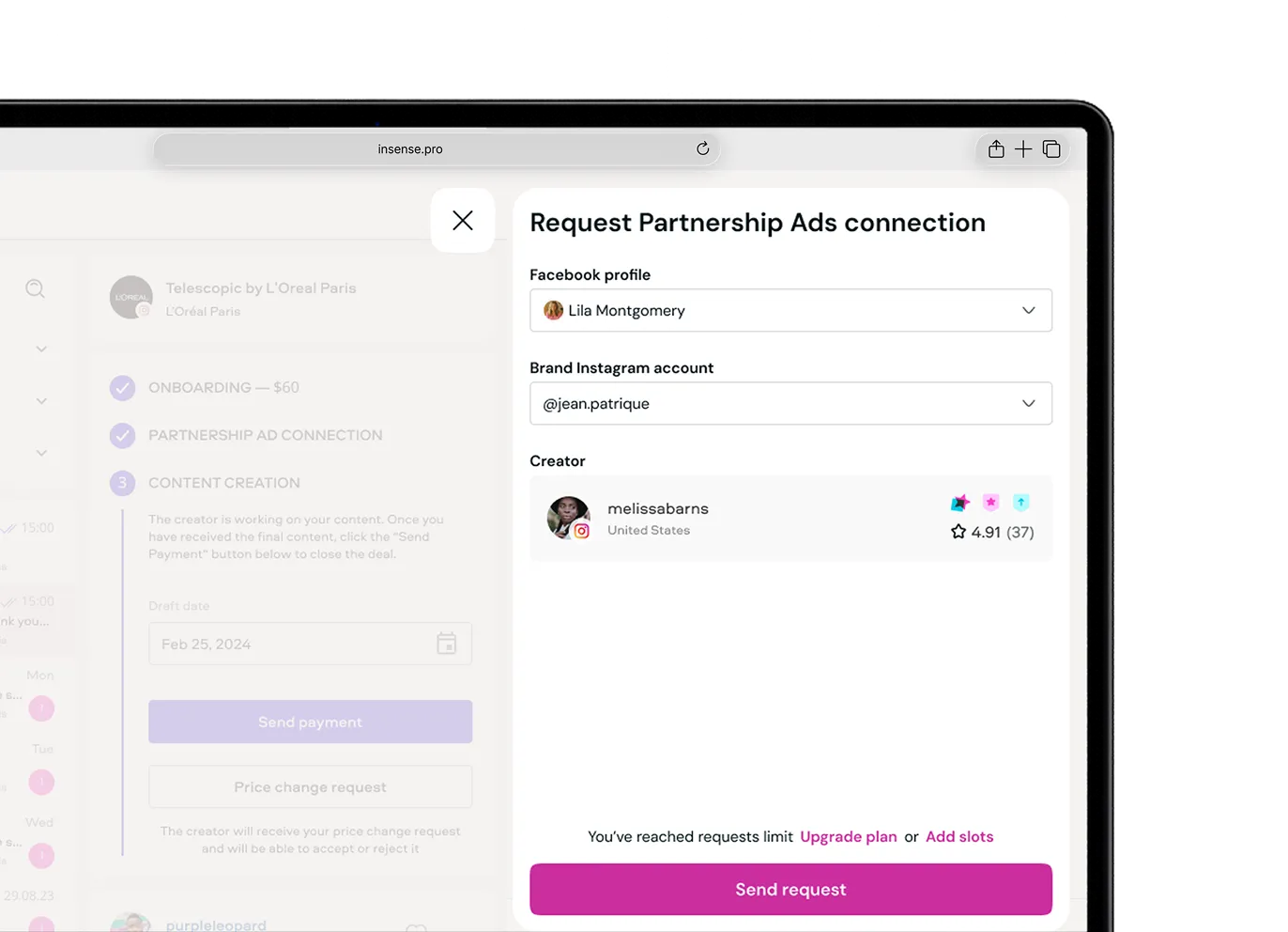 Request for Meta Partnership Ads from creators On Insense platform