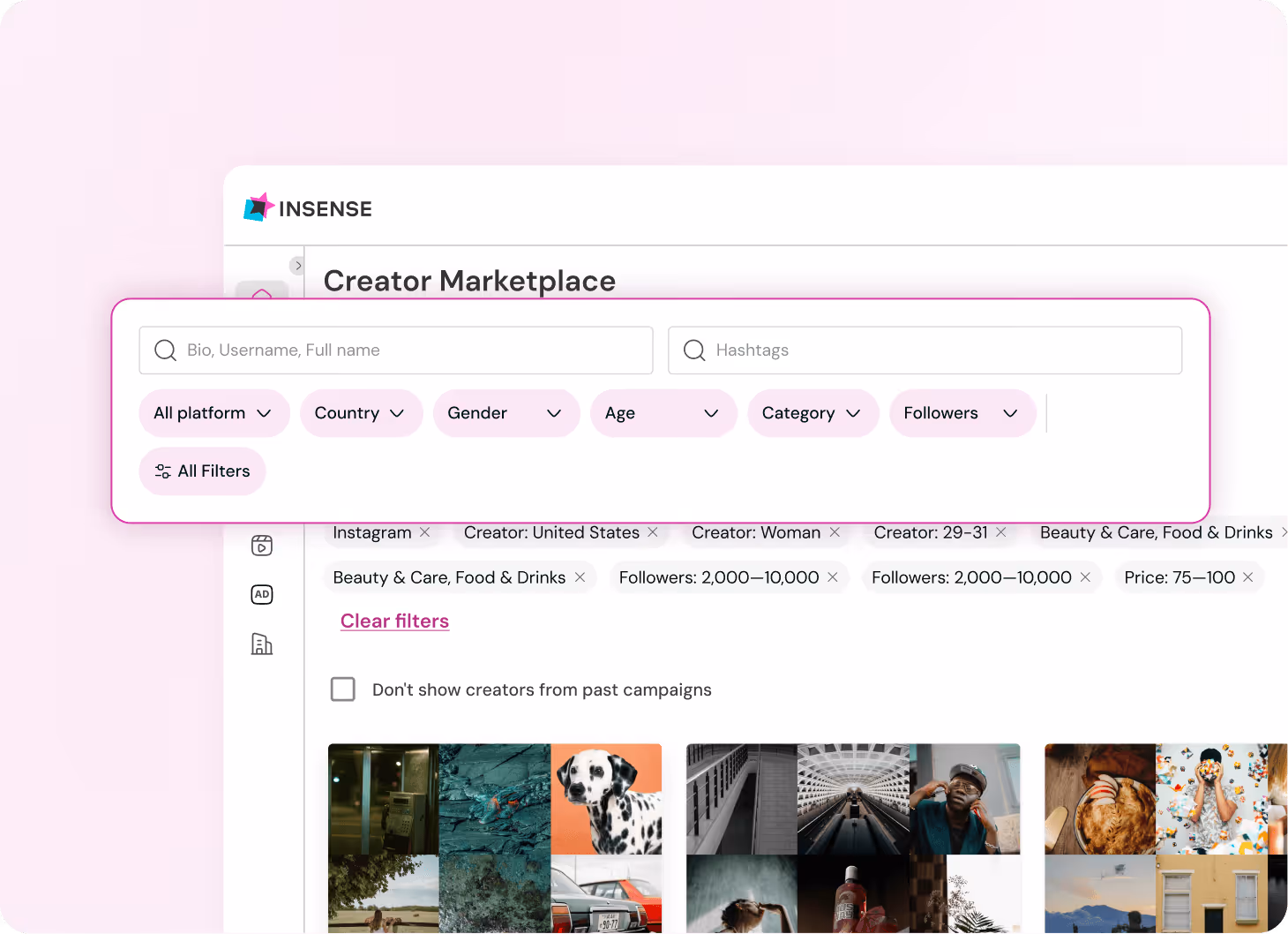 Filters of marketplace to discover influencers
