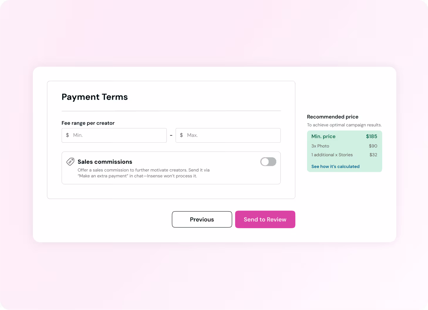 Setting the budget on Insense UGC Creator Marketplace