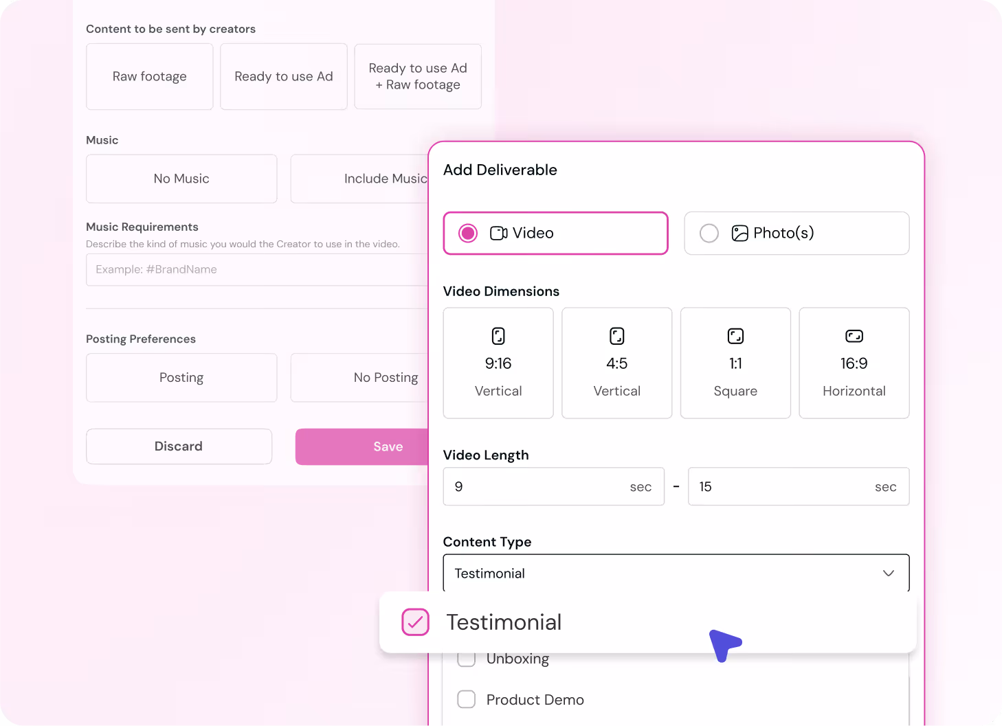 Deliverables and content type selection in brief generator