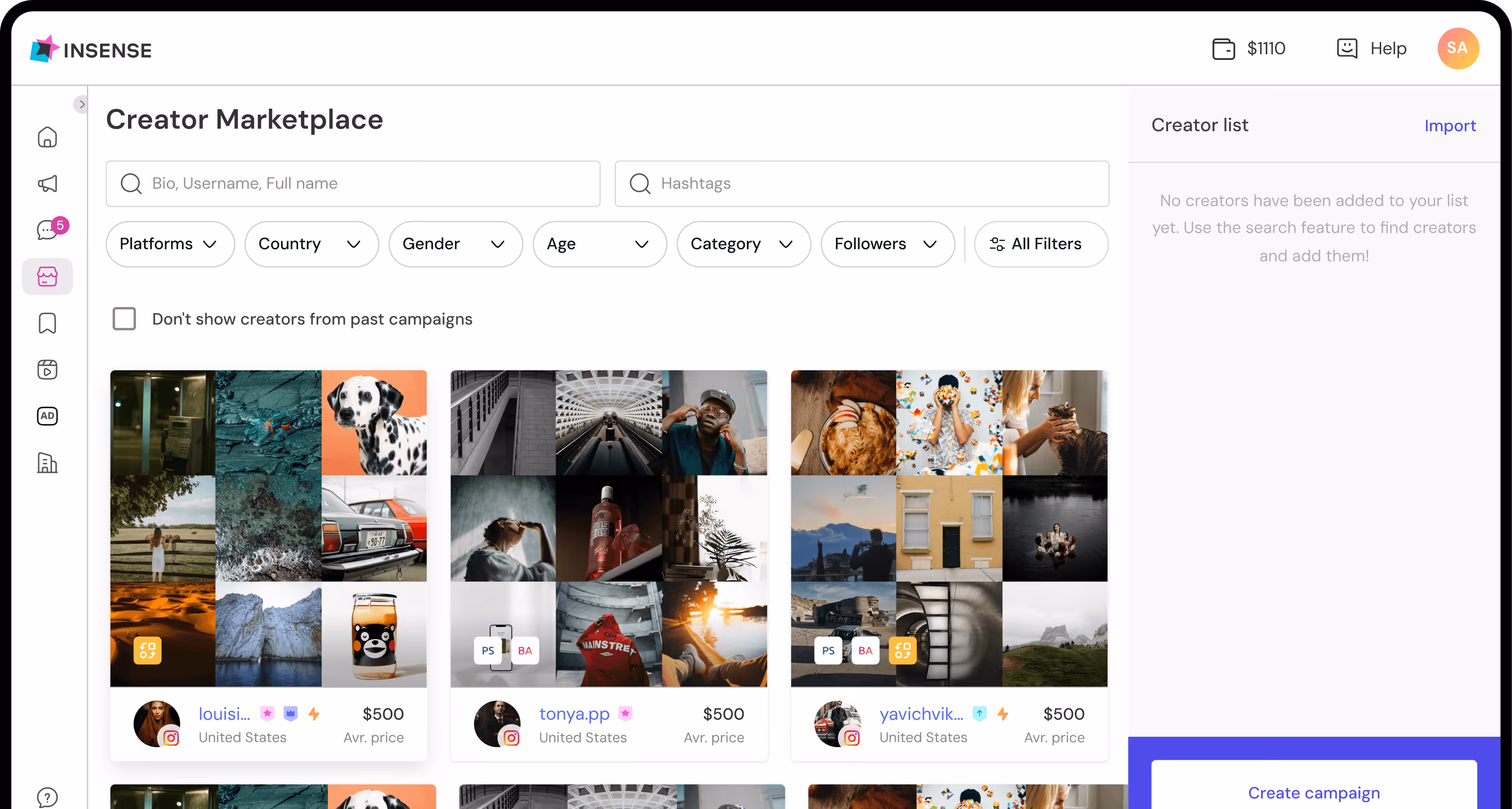 Filters of marketplace to discover influencers