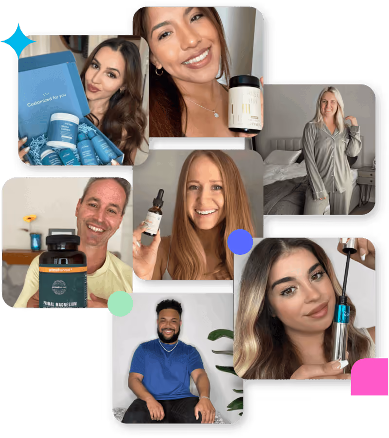 Collage of diverse content creators posing with beauty, wellness, fashion, and supplement products.