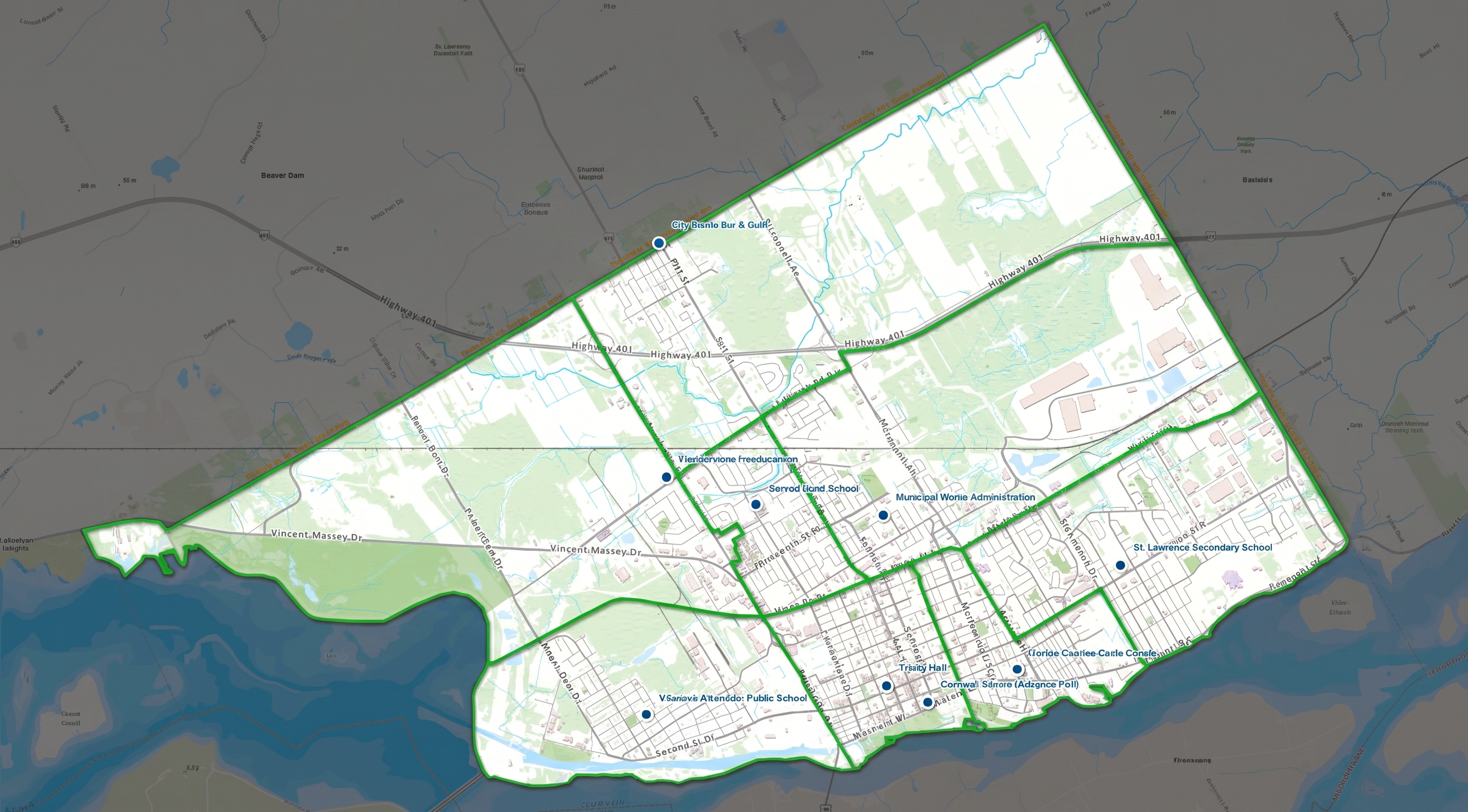 Carte des sections de vote et des bureaux de scrutin municipaux de la Ville de Cornwall