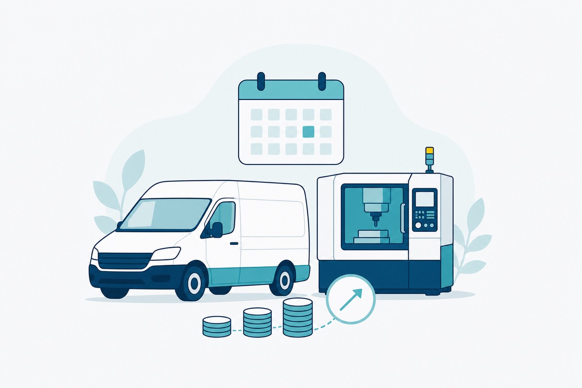 Bestelbus en machine met kalender en muntstapels, symbool voor gespreid betalen