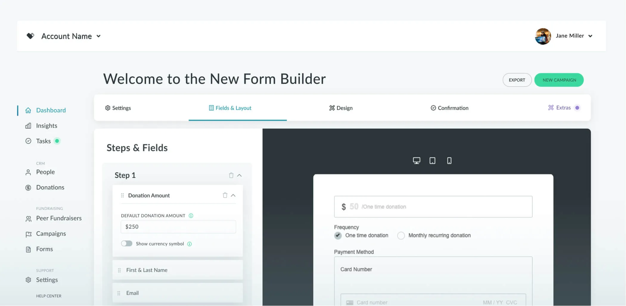 Donately form builder dashboard showing drag-and-drop form editing, custom styling, and confirmation settings.