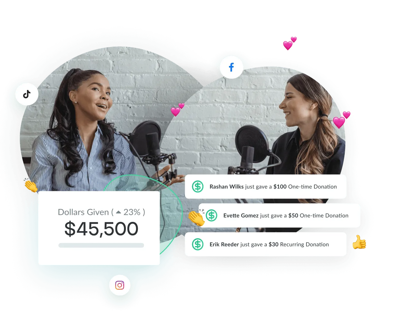 Influencer running a podcast with donations streaming in and a total dollars raised showing in the dashboard.