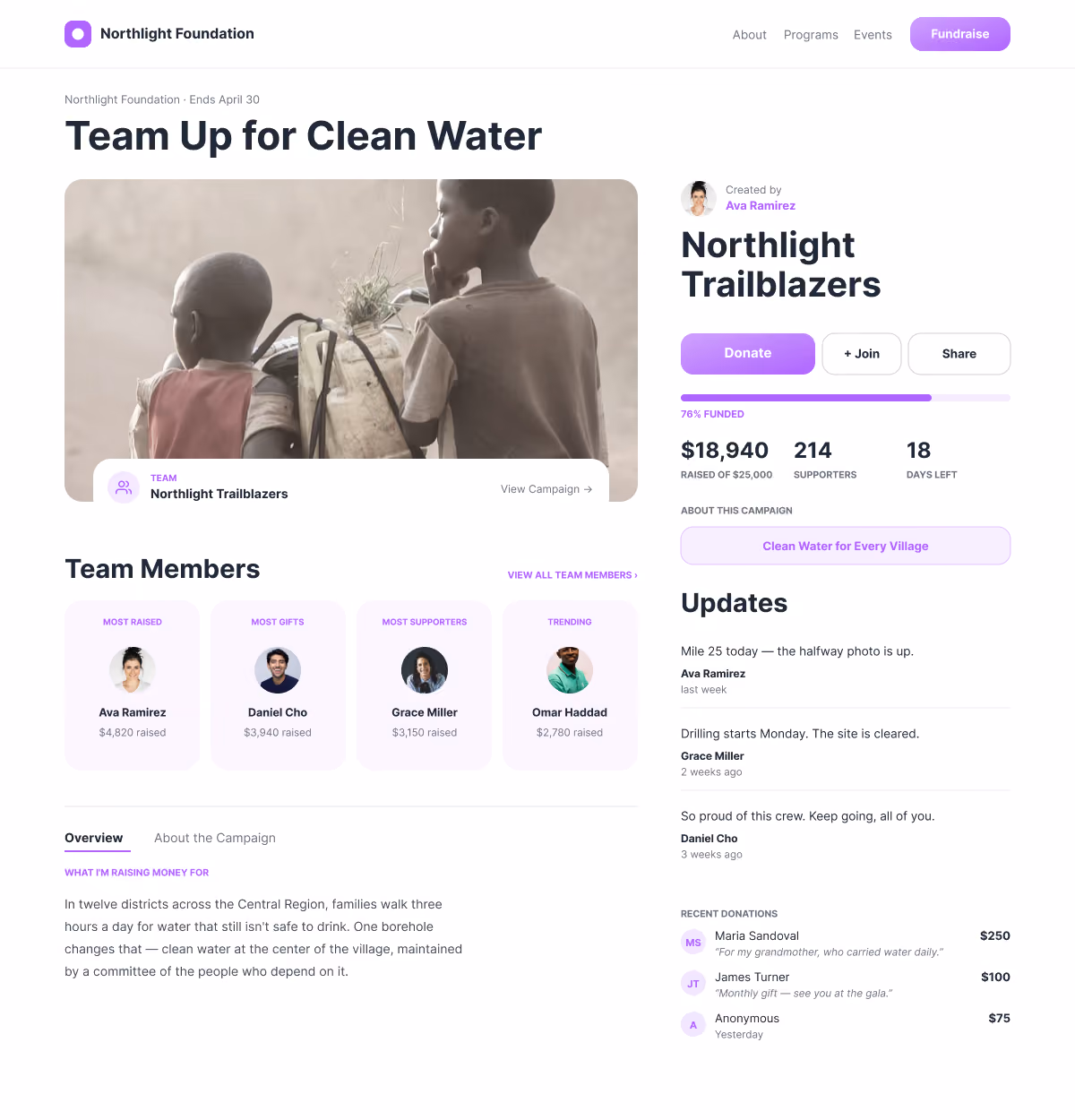 Workplace giving campaign page with peer-to-peer fundraising