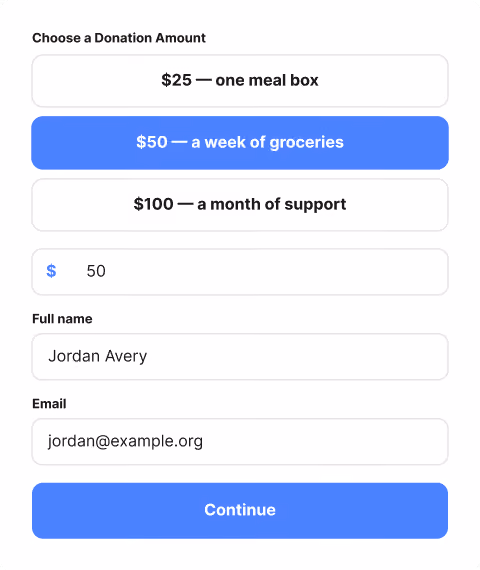 A branded donation form with preset gift amounts and a monthly giving toggle