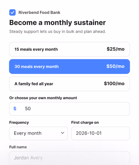 A donation form showing the option for the donor to become a monthly supporter