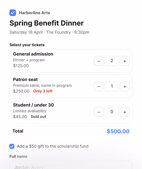 The same donation form with event ticketing and quantity selection