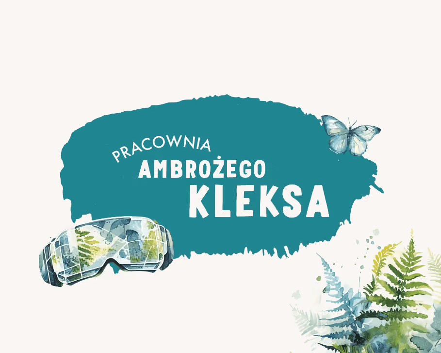 Logo Pracowni Ambrożego Kleksa z goglami VR i liśćmi paproci