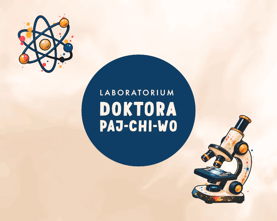 Logo Laboratorium Doktora Paj-Chi-Wo z atomem i mikroskopem