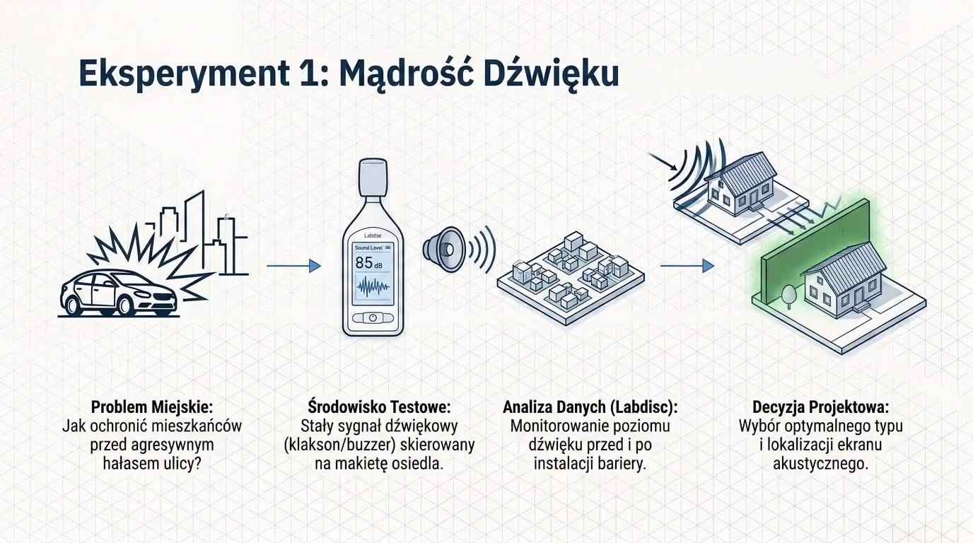 Schemat eksperymentu Mądrość Dźwięku: hałas uliczny, sygnał skierowany na makietę osiedla, pomiar poziomu dźwięku czujnikiem Labdisc i wybór ekranu akustycznego