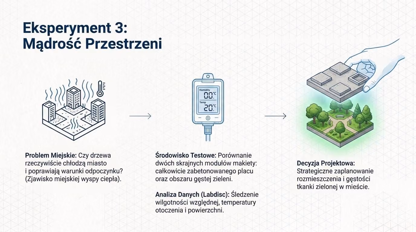 Schemat eksperymentu Mądrość Przestrzeni: porównanie zabetonowanego placu z zielenią, pomiar temperatury i wilgotności, planowanie zieleni w mieście