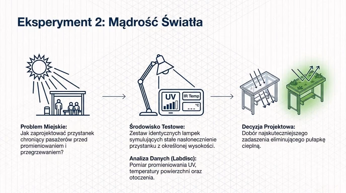 Schemat eksperymentu Mądrość Światła: lampy symulujące słońce nad makietami przystanków, pomiar promieniowania UV i temperatury, wybór zadaszenia bez pułapki cieplnej