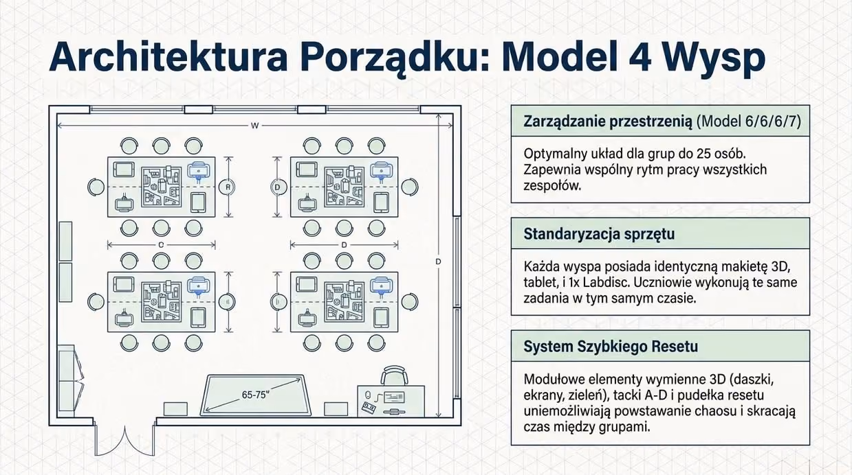 Plan sali Laboratorium Paj-Chi-Wo w układzie 4 wysp roboczych, każda z makietą 3D, tabletem i czujnikiem Labdisc