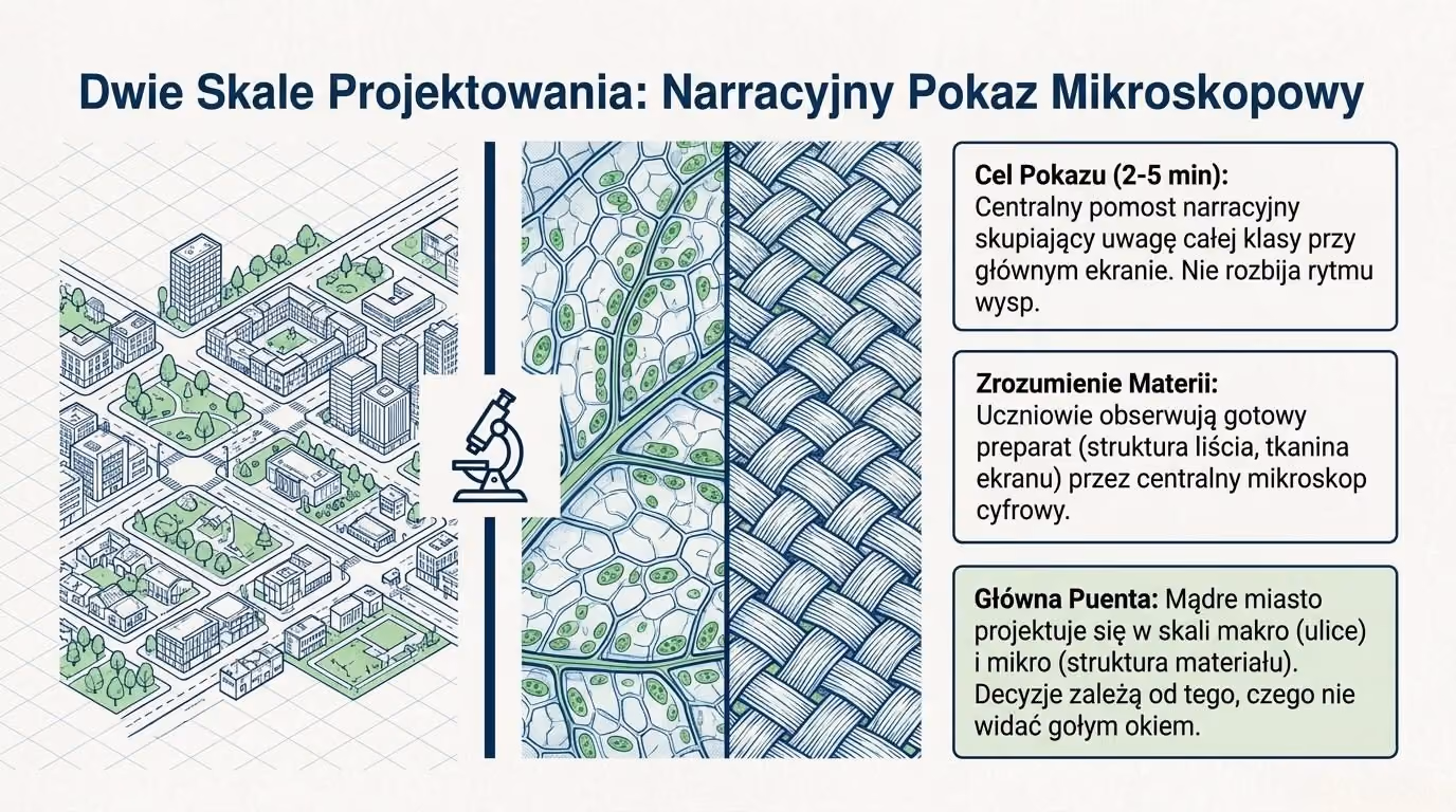 Pokaz mikroskopowy w dwóch skalach: makieta miasta oraz struktura liścia i tkaniny ekranu pod mikroskopem cyfrowym
