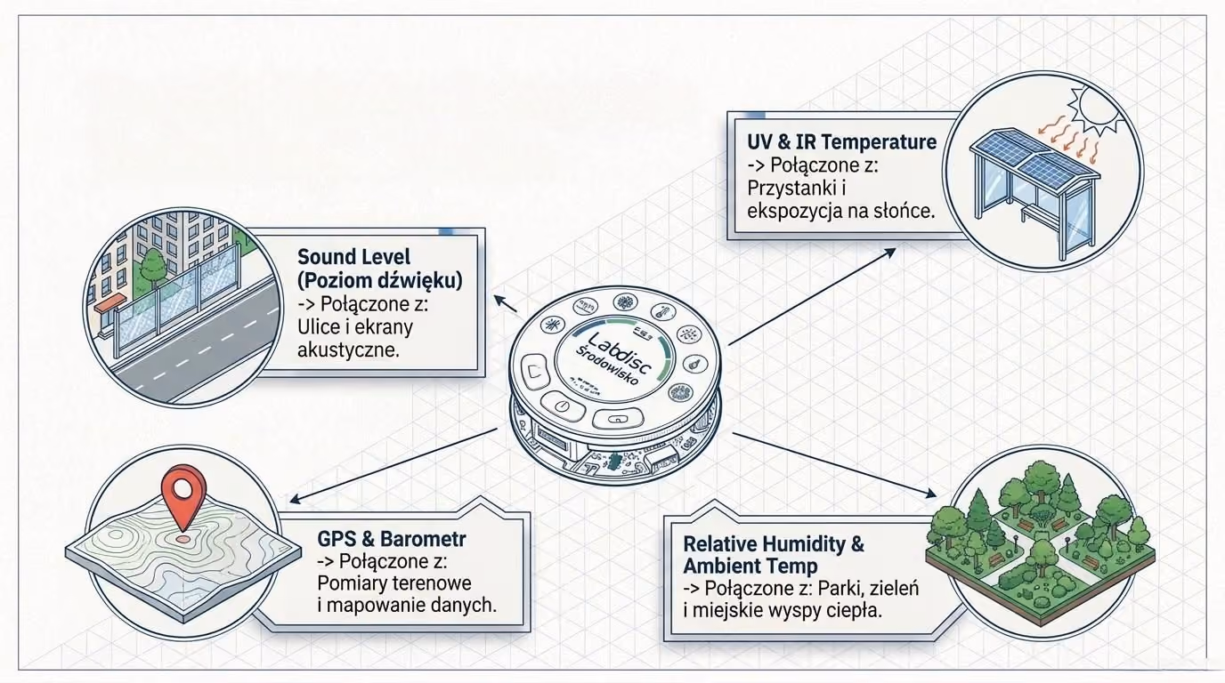 Czujnik Labdisc i jego pomiary: poziom dźwięku, UV i temperatura, wilgotność oraz GPS i barometr, powiązane z ulicą, przystankiem i parkiem