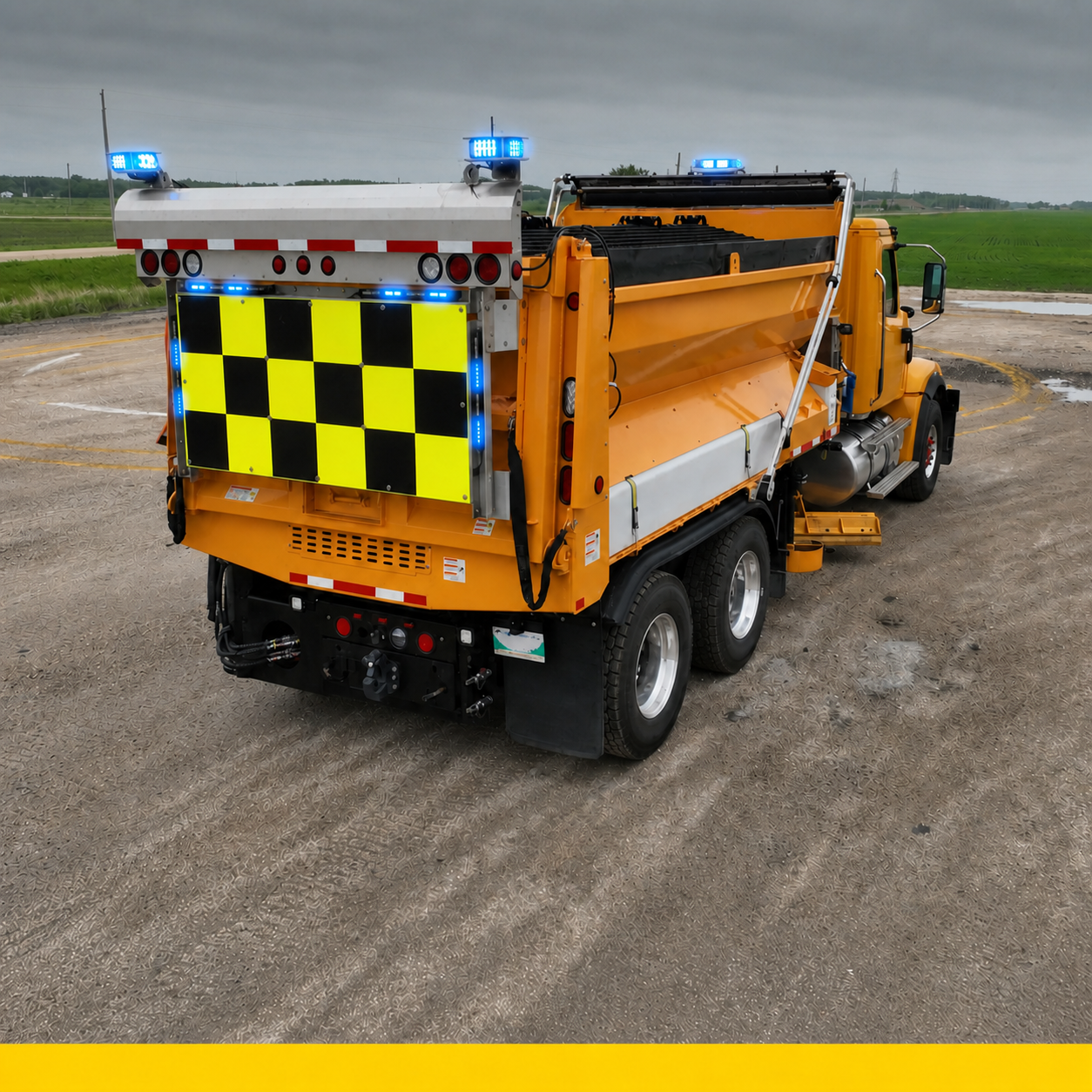 Public works vehicles in fleet garage workshop