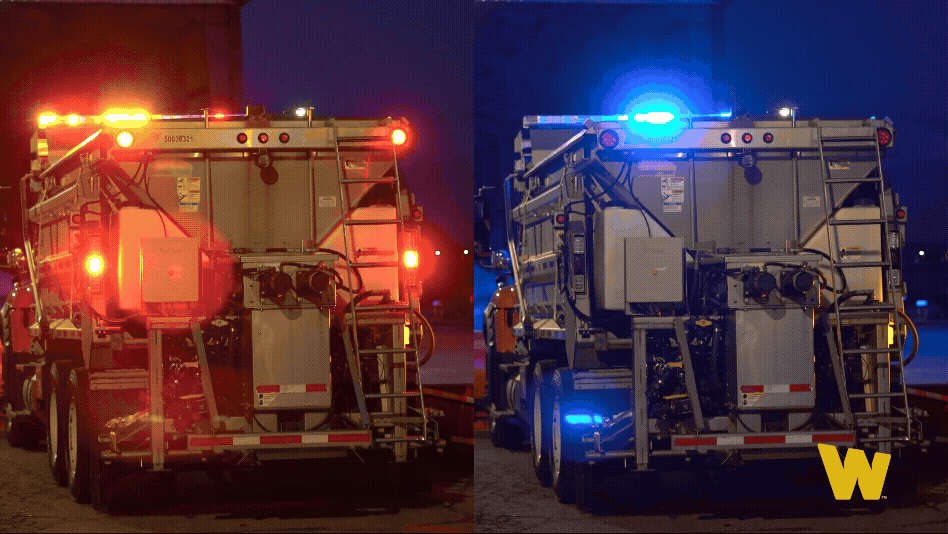 Brake on versus brake off: snowplow warning lights pause at night so the brake lights stand out to drivers behind