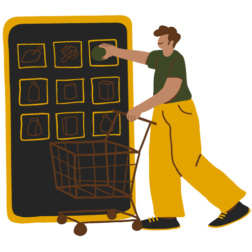 man pushing shopping cart and picking items
