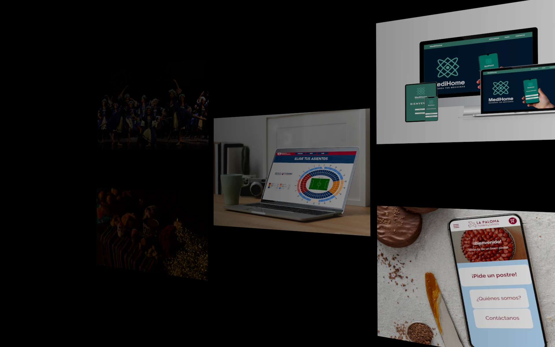 Fondo negro con capturas principales de los trabajos de Jorge Pineda.