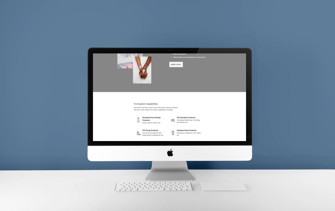 Computer mockup of services page with small cosmetic product icons