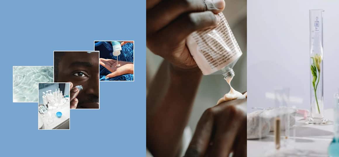 collage featuring sunscreen products, hands of a black man applying cream and cosmetic lab with equipment and natral ingredients