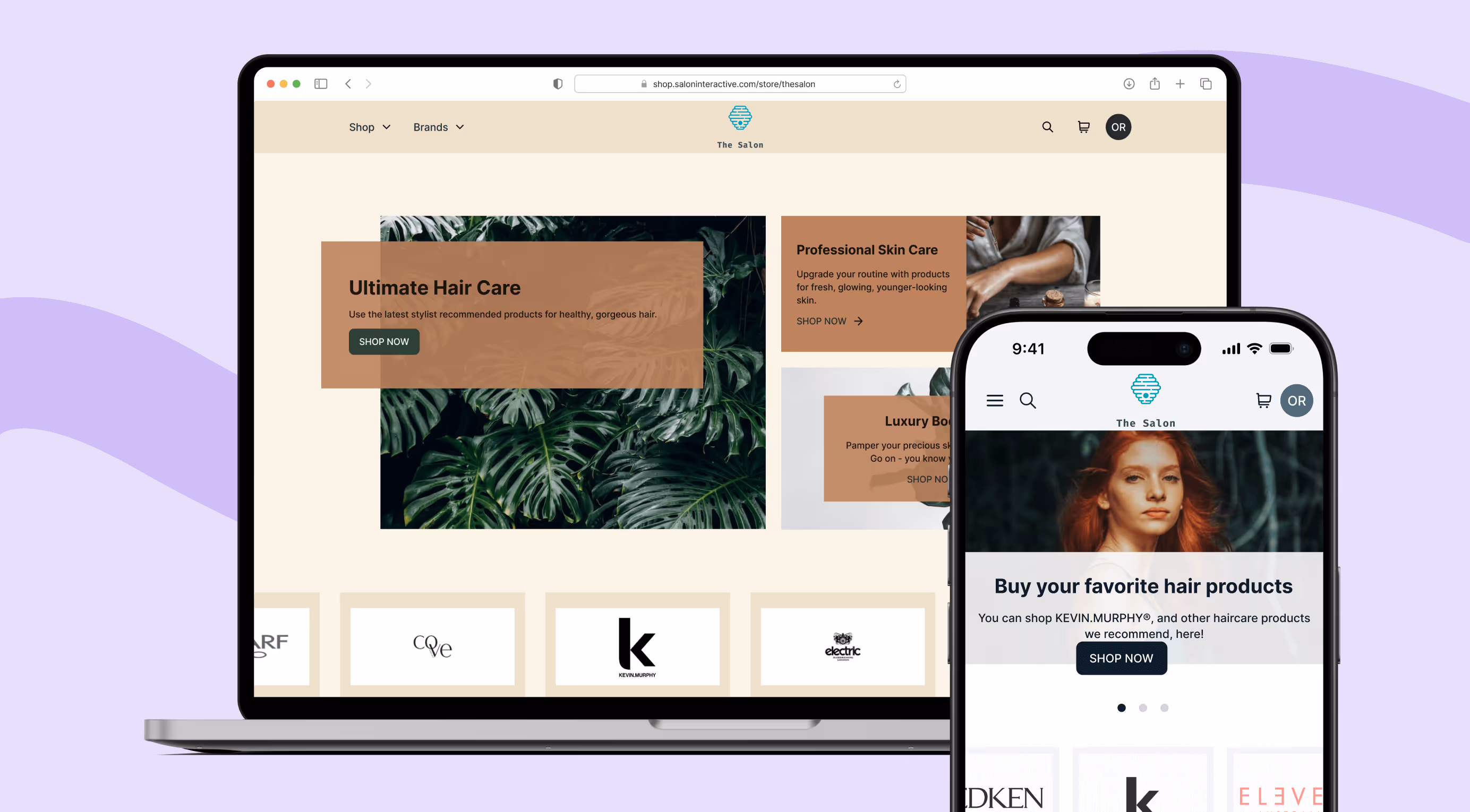 Salon e-commerce website mockup showing laptop and mobile views with hair, skin, and body care products and beauty brand logos.