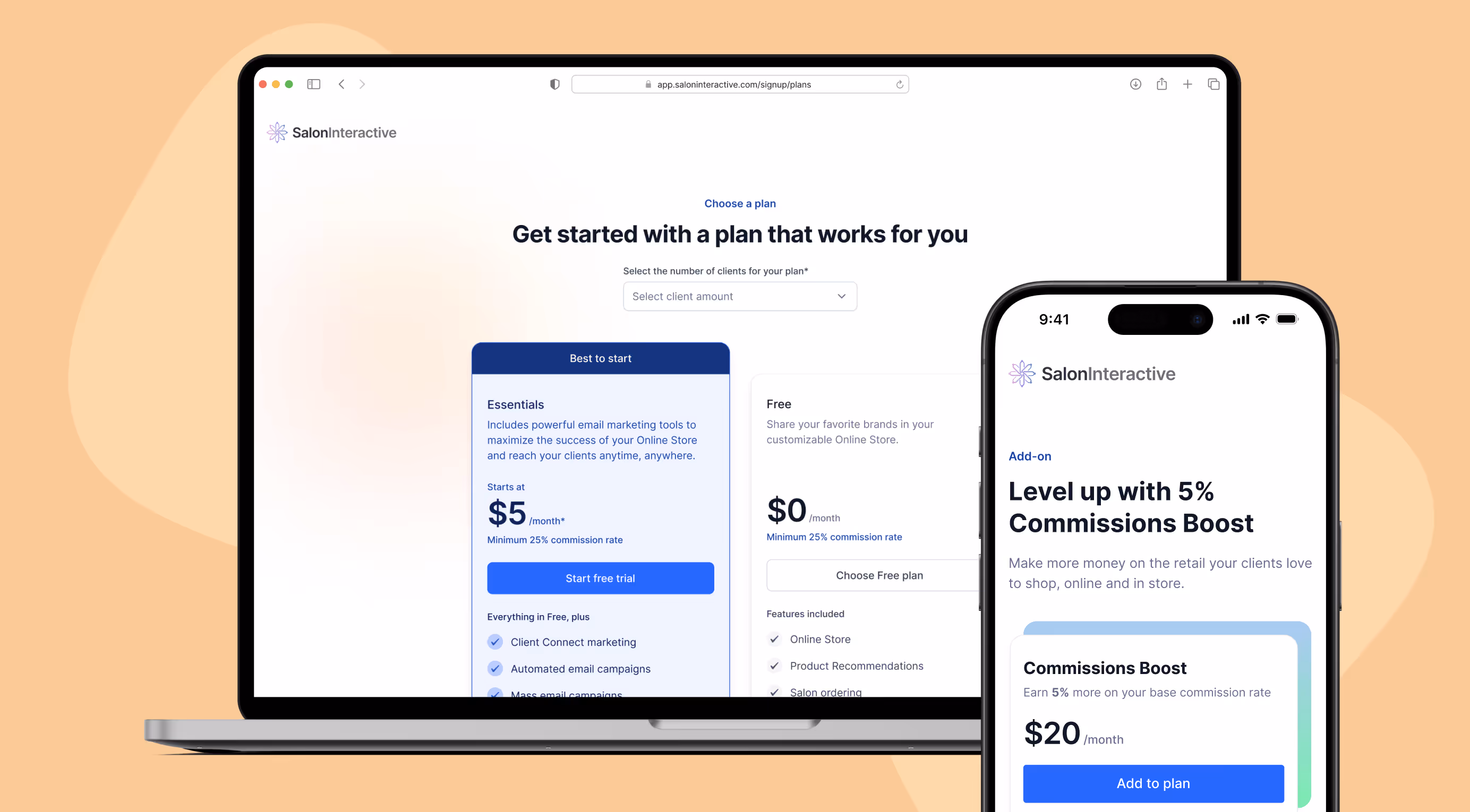 SalonInteractive pricing plans mockup on laptop and mobile showing Essentials, Free plan, and Commissions Boost add-on.