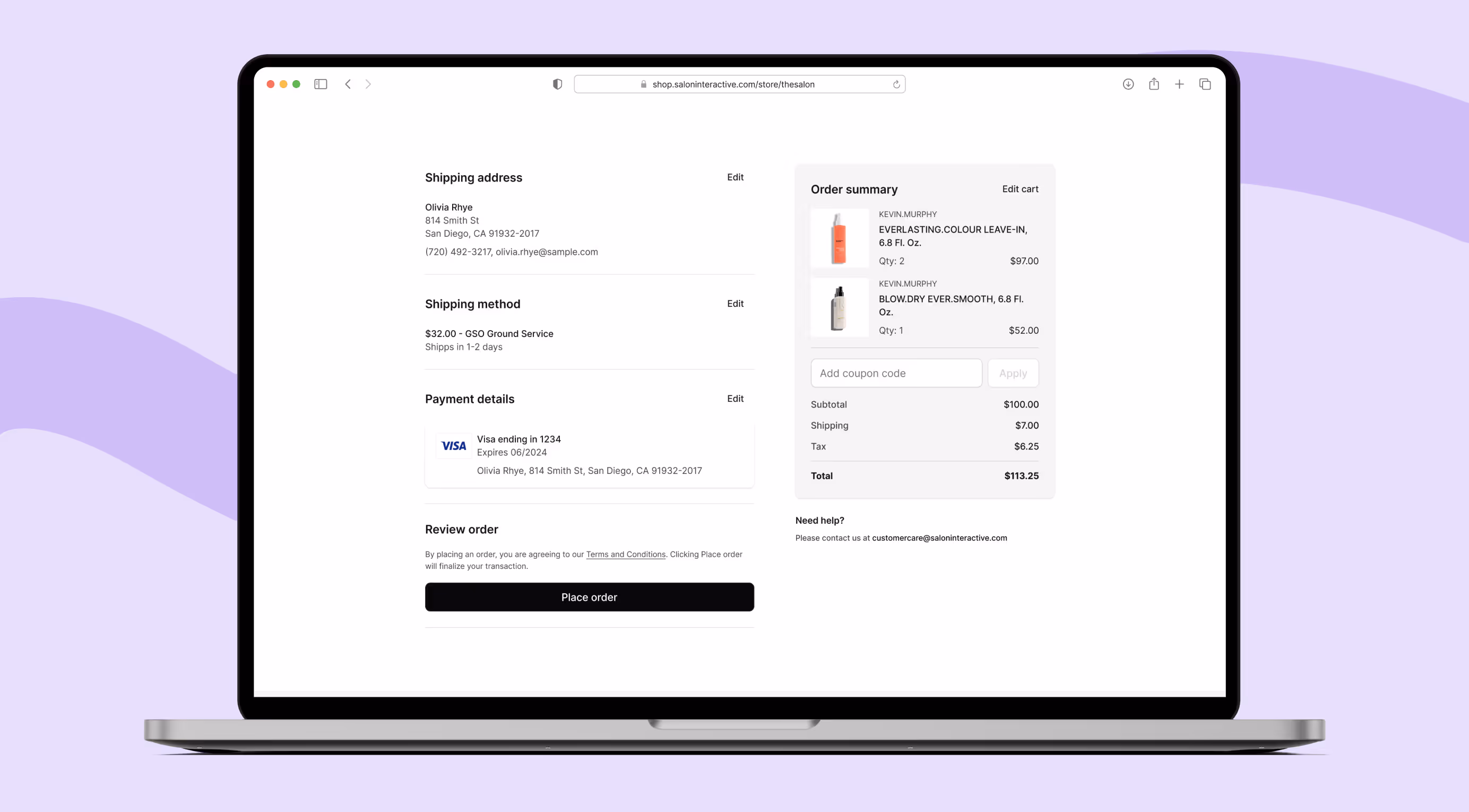 SalonInteractive online store checkout mockup on laptop showing order summary, shipping, payment details, and coupon code field.