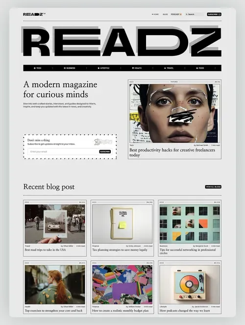 Homepage preview of a blog and magazine website template with editorial layout
