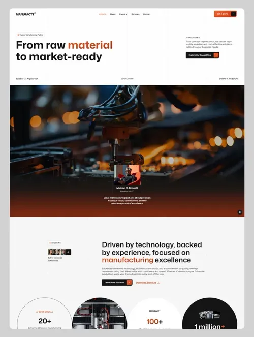 Homepage preview of an industrial manufacturing website template with structured sections