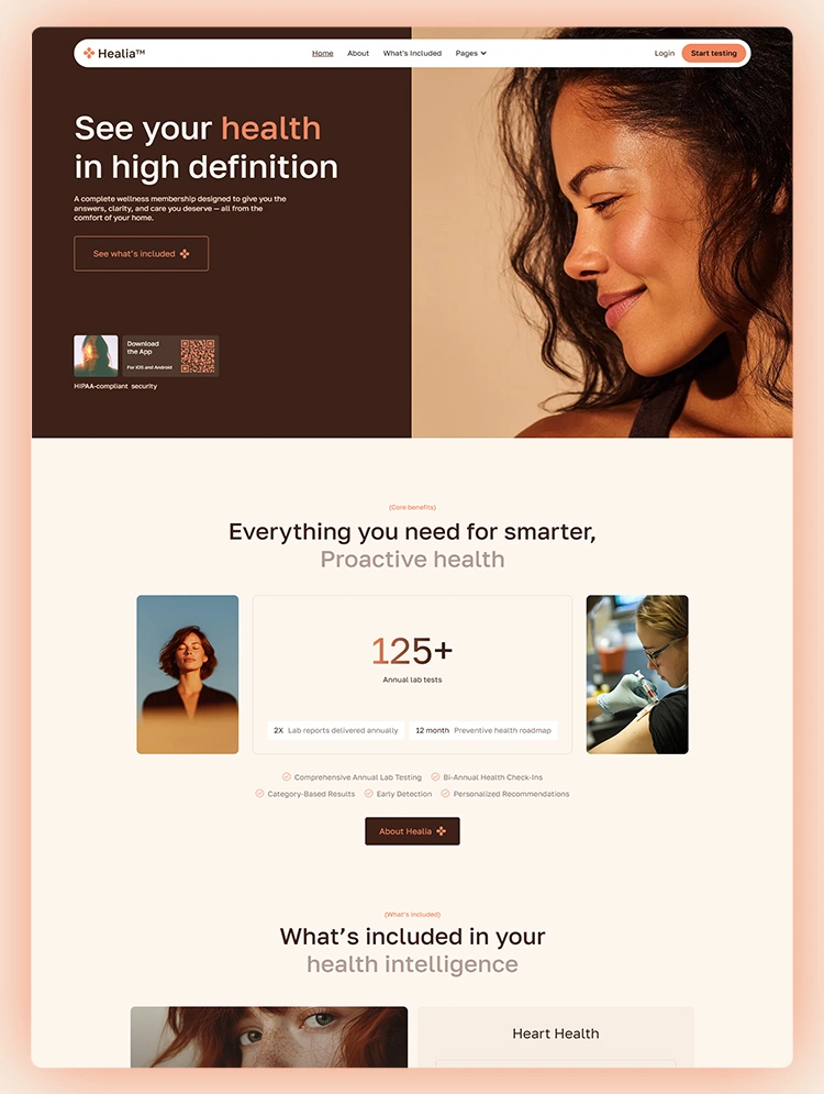 Homepage preview of a digital health startup website template built for Webflow