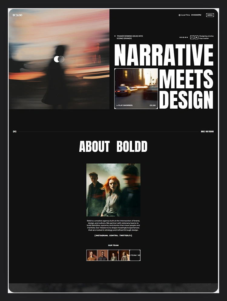 Homepage preview of a creative agency website template with bold visual design