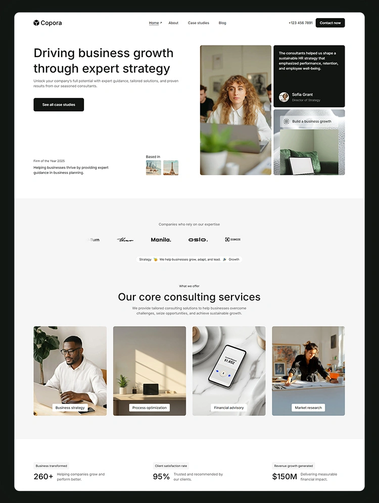 Homepage preview of a clean consultancy website template built for Webflow