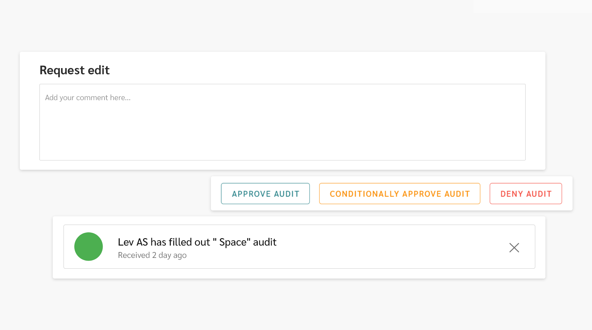 Illustration of Audit module elements like request edit, buttons for approving, conditionally approve or deny audits and a notification.