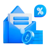 Sininen kirjekuori jossa on kirje ja prosenttimerkki puhekuplassa.