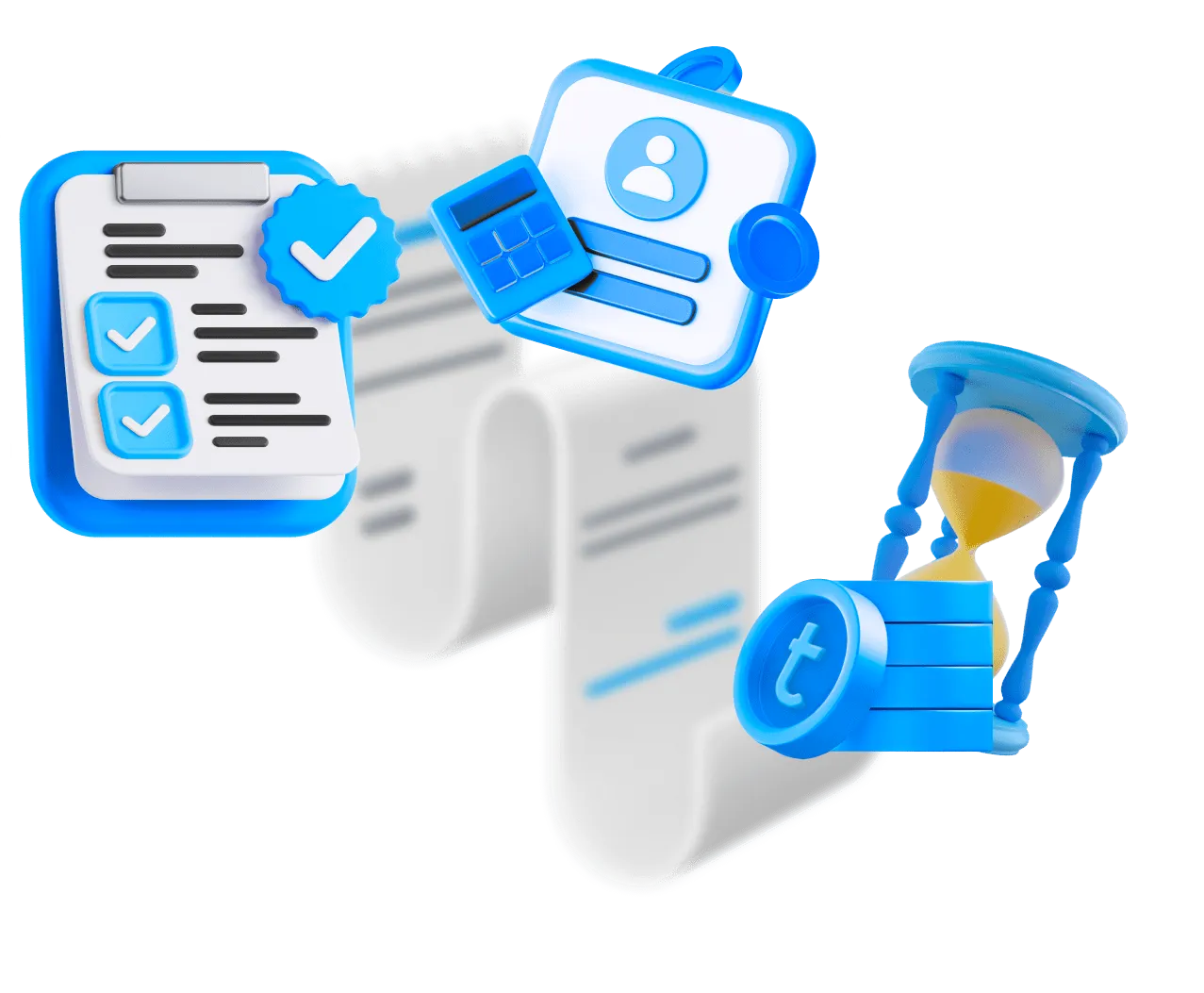 Sinisiä liiketoimintaan liittyviä kuvakkeita: tarkistuslista, henkilötiedot laskimella, kelaava käyntikortti ja hiekkakello kolikoiden kanssa.