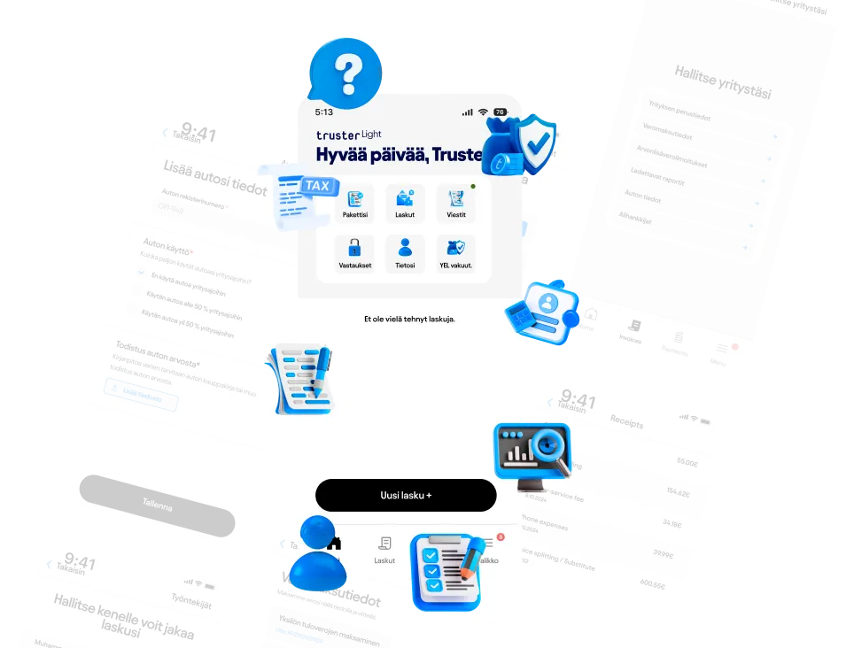 Näyttöjä Truster-mobiilisovelluksesta, joissa näkyy laskujen hallinta, yrityksen tiedot, auton tiedot ja työntekijöiden laskutustiedot.
