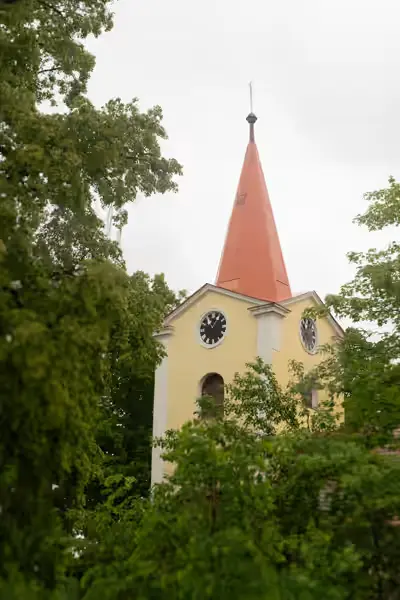 Pohled na kostelní věž vykukující z husté zeleně stromů.