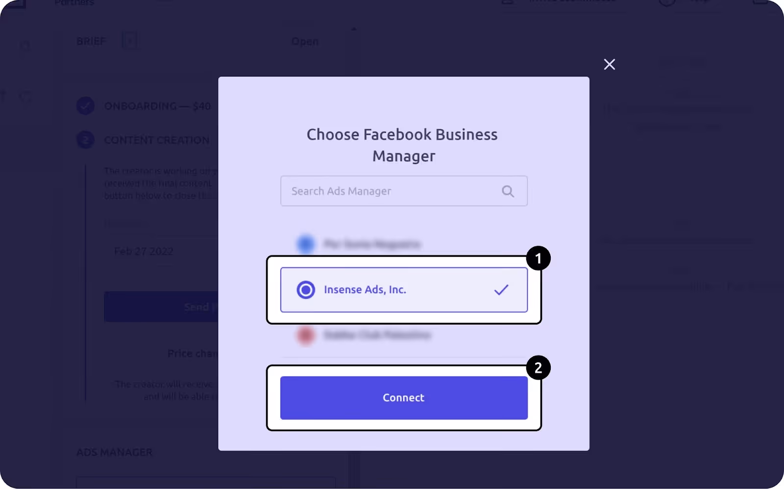Insense's feature that allows to connect to Facebook Ads Manager