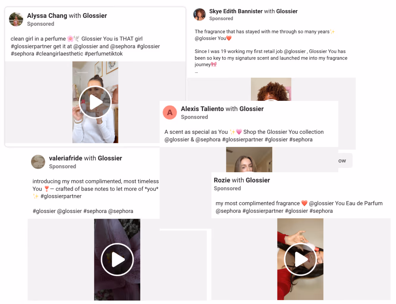 A collage of Meta ads by Glossier showing its influencer collaborations.