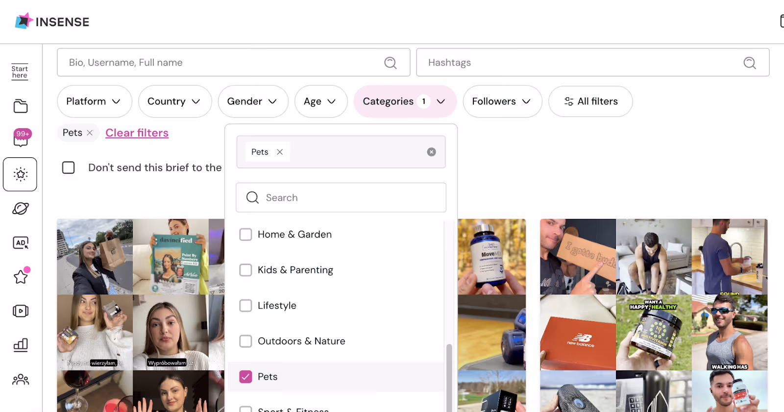 Search results in Insense's Creator Marketplace