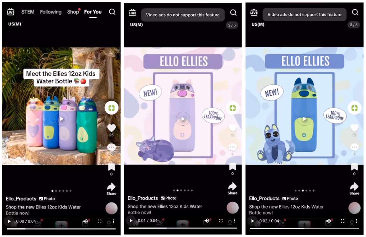 Ello TikTok carousel ad showing different versions of the brand's water bottle