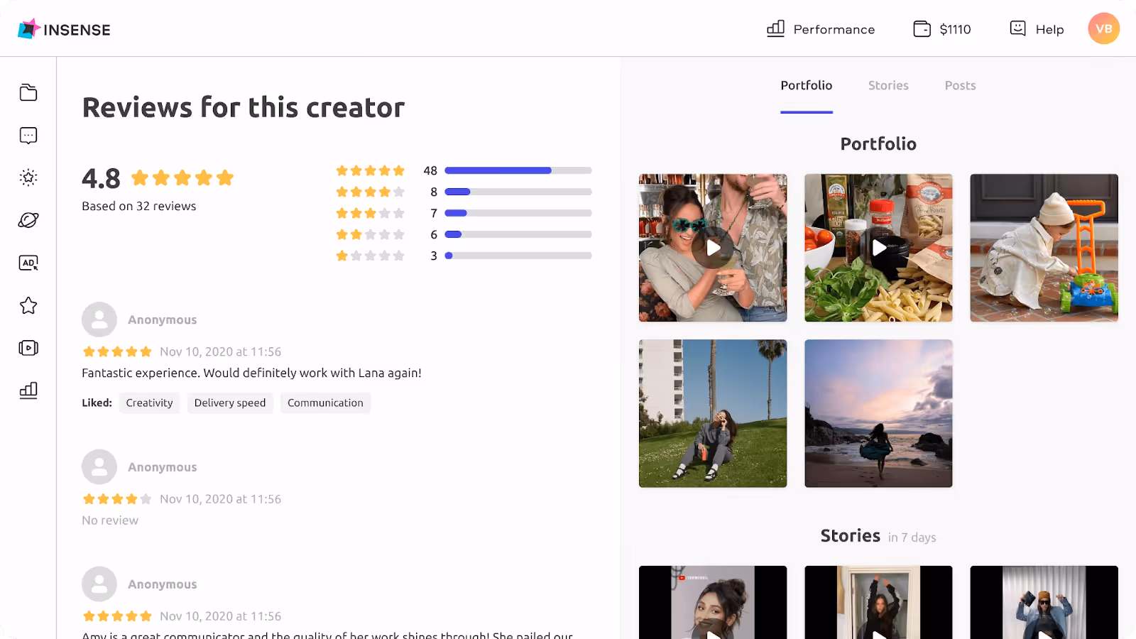 Insense's influencer search feature shows reviews and star ratings of each creator